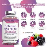 Close-up of berry flavour kids multivitamin gummies from Optimum Health Supplements