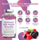 Close-up of berry flavour kids multivitamin gummies from Optimum Health Supplements